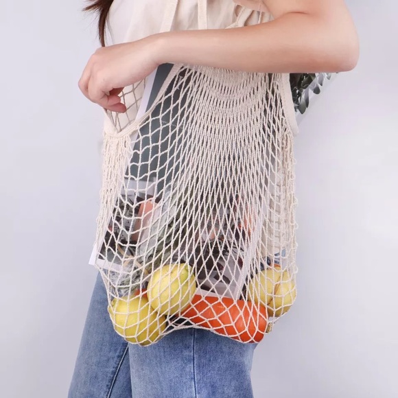 Net mesh bag shoulder tote shopping grocery cream large market bag stretch coral - Picture 5 of 11